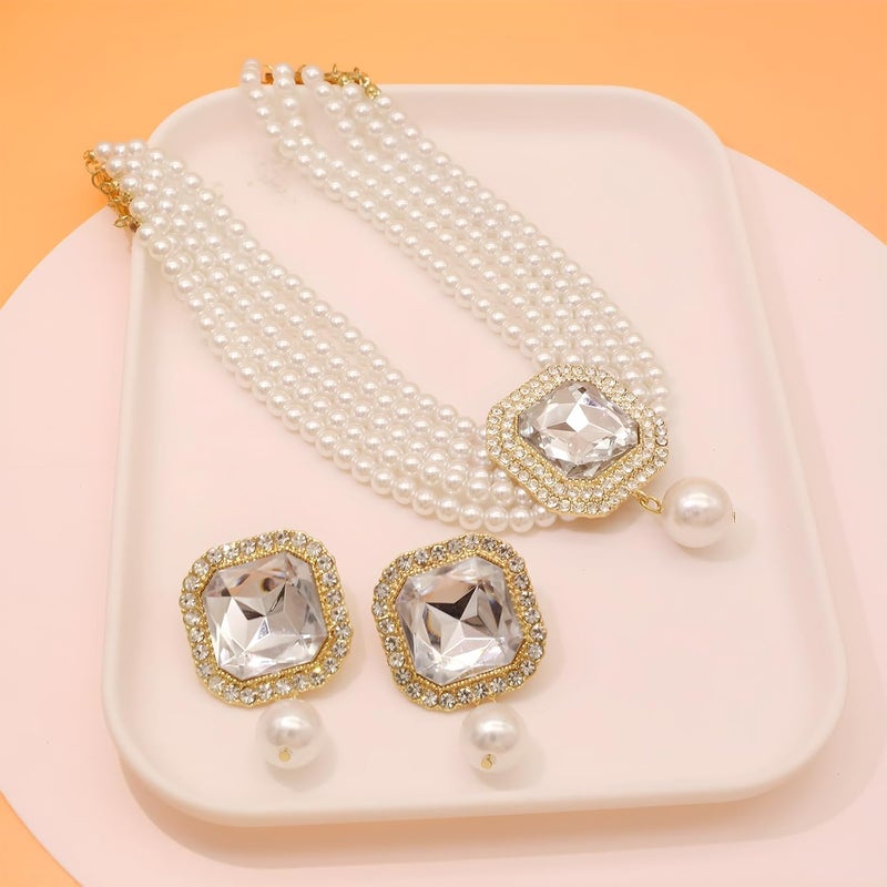 CIOOU Pearl Choker Necklace for Women Gold Crystal Rhinestone Pearl Collar Statement Necklaces Earrings Bridal Pearls Diamond jewelry Set for Wedding - Image 2